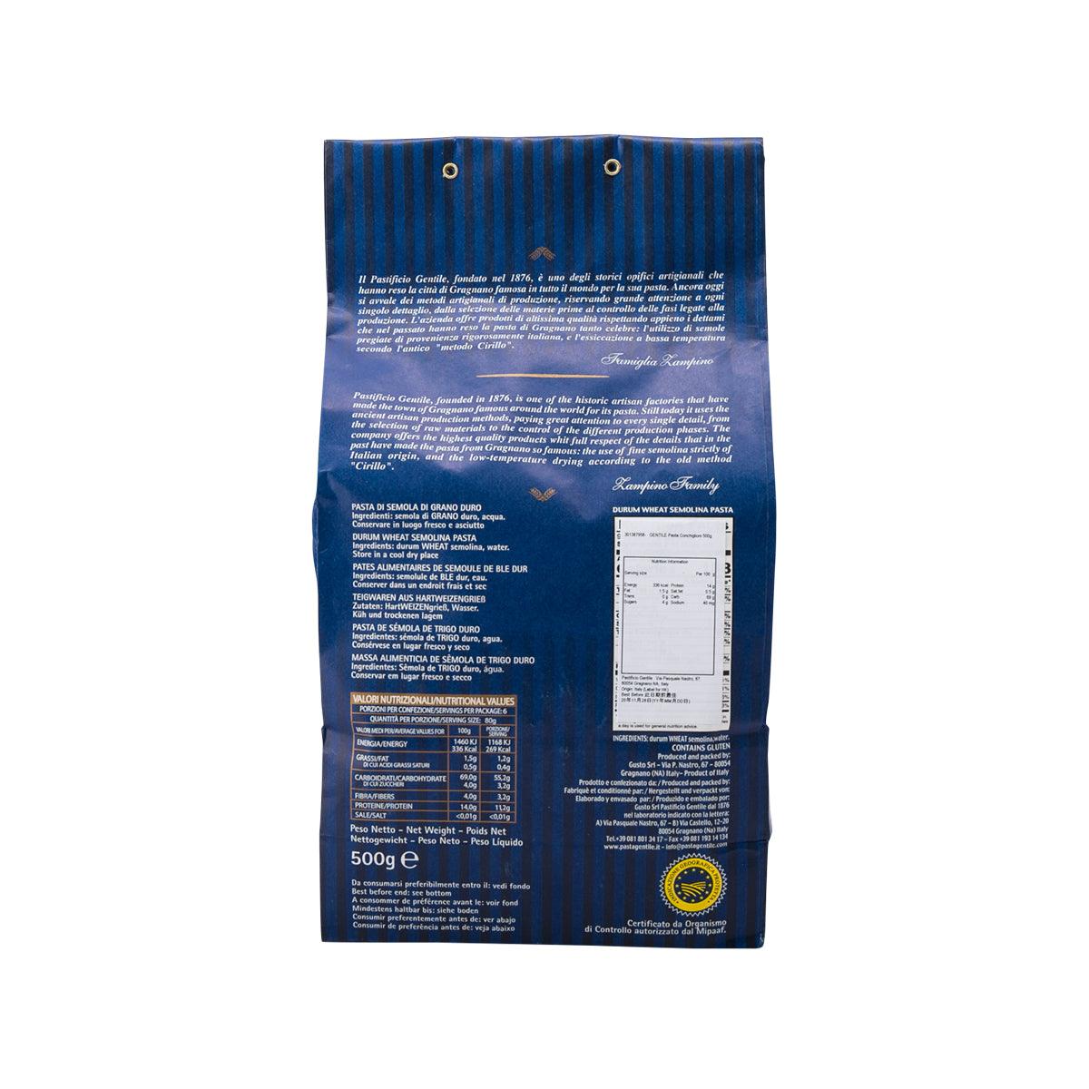 GENTILE conchiglioni pasta pouch 500g, back view with nutrition and ingredient text