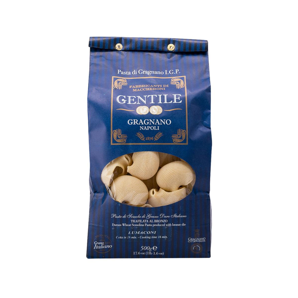 Blue Gentile lumaconi pasta bag with window showing shell-shaped pasta, 500 g