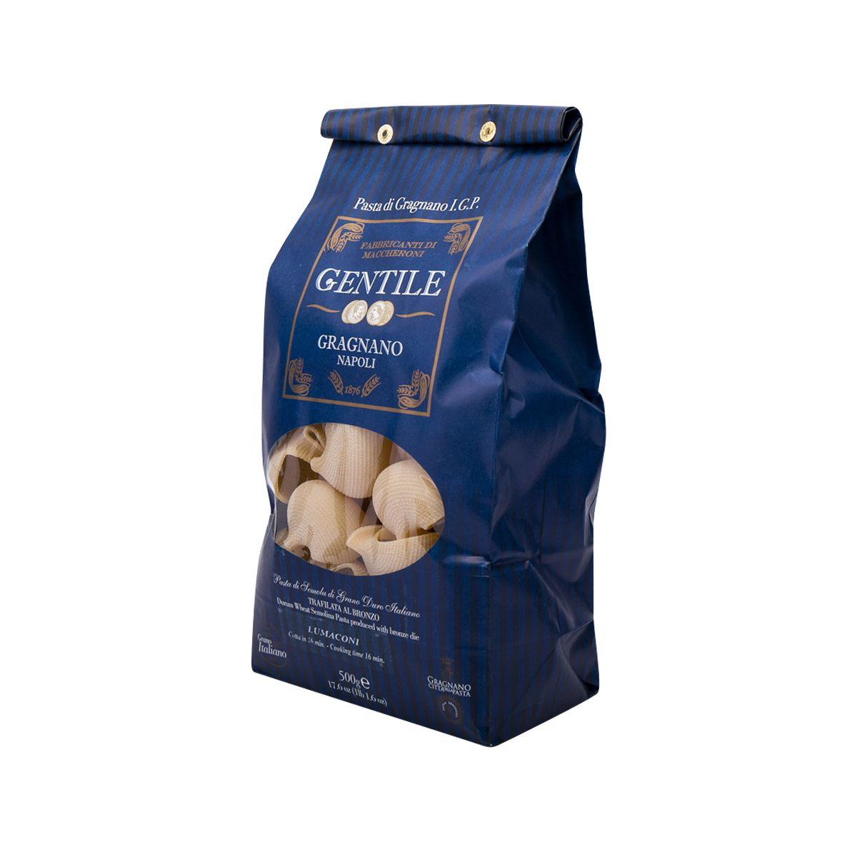 Blue Gentile lumaconi pasta bag standing upright, window with shell pasta shapes