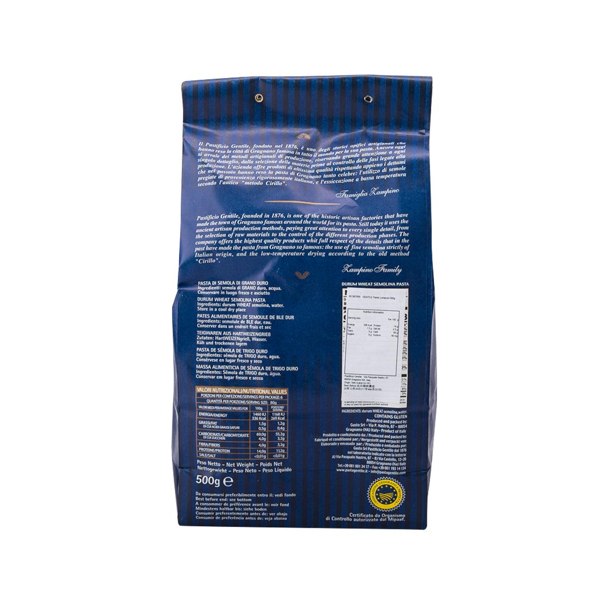 Back of blue Gentile lumaconi pasta bag with info panel and 500 g label