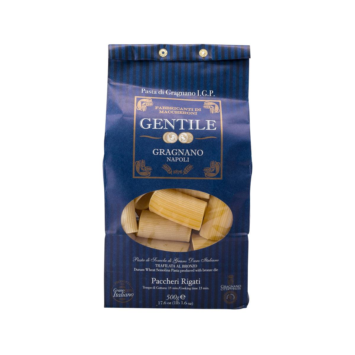 GENTILE Paccheri Rigati pasta pack, 500 g, blue bag with label