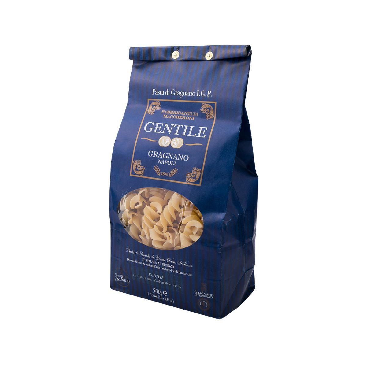 500g Gragnano IGP Eliche pasta bag, side view with pasta window