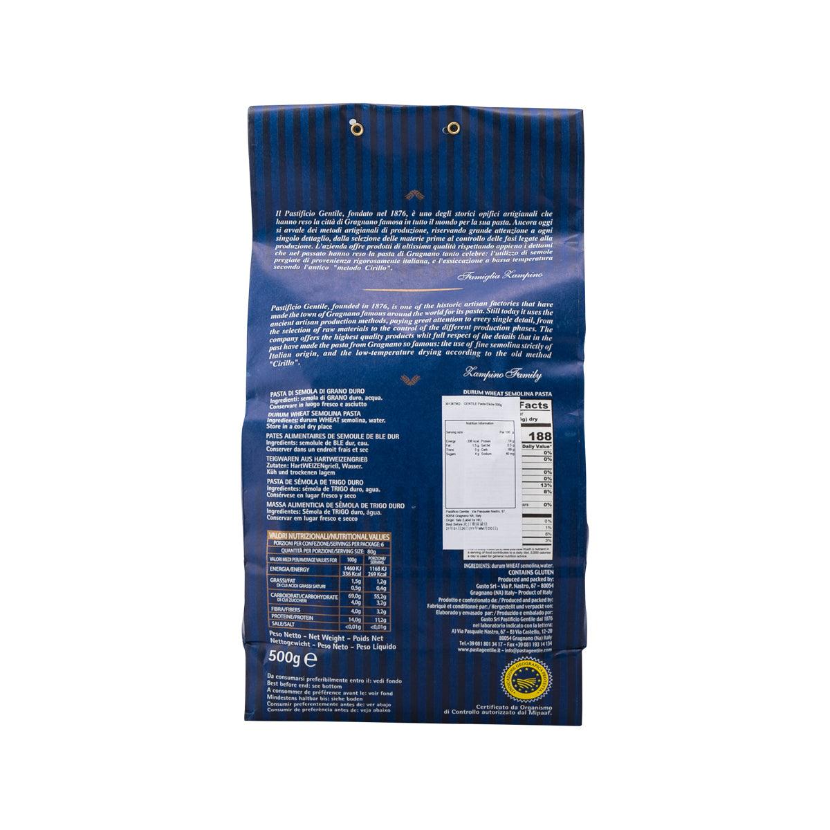 500g Gragnano IGP Eliche pasta bag back with nutrition facts label