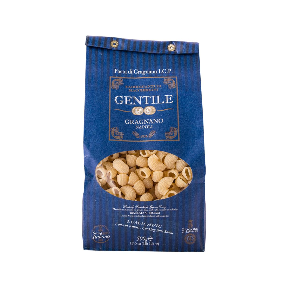 Lumachine pasta in blue bag with window showing beige shell-shaped pasta, 500 g