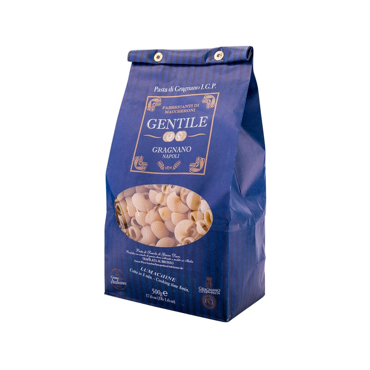 Lumachine pasta in blue stand-up bag with top seal, window showing beige shell-shaped pasta