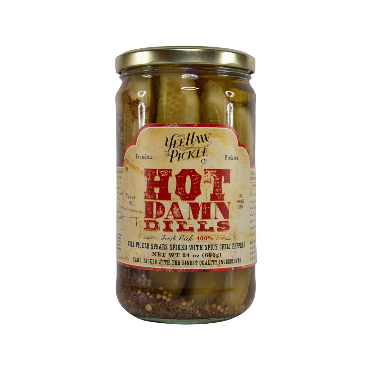 YEE-HAW PICKLE Hot Damn dills jar with sliced pickles in brine