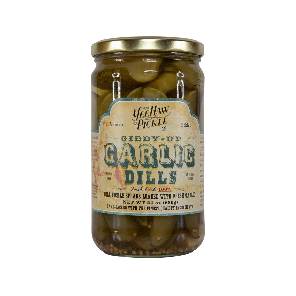 Jar of garlic dill pickles with whole green cucumbers, net 680 g