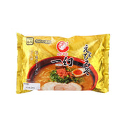 Instant ramen soup packet with miso-style broth and shrimp illustration