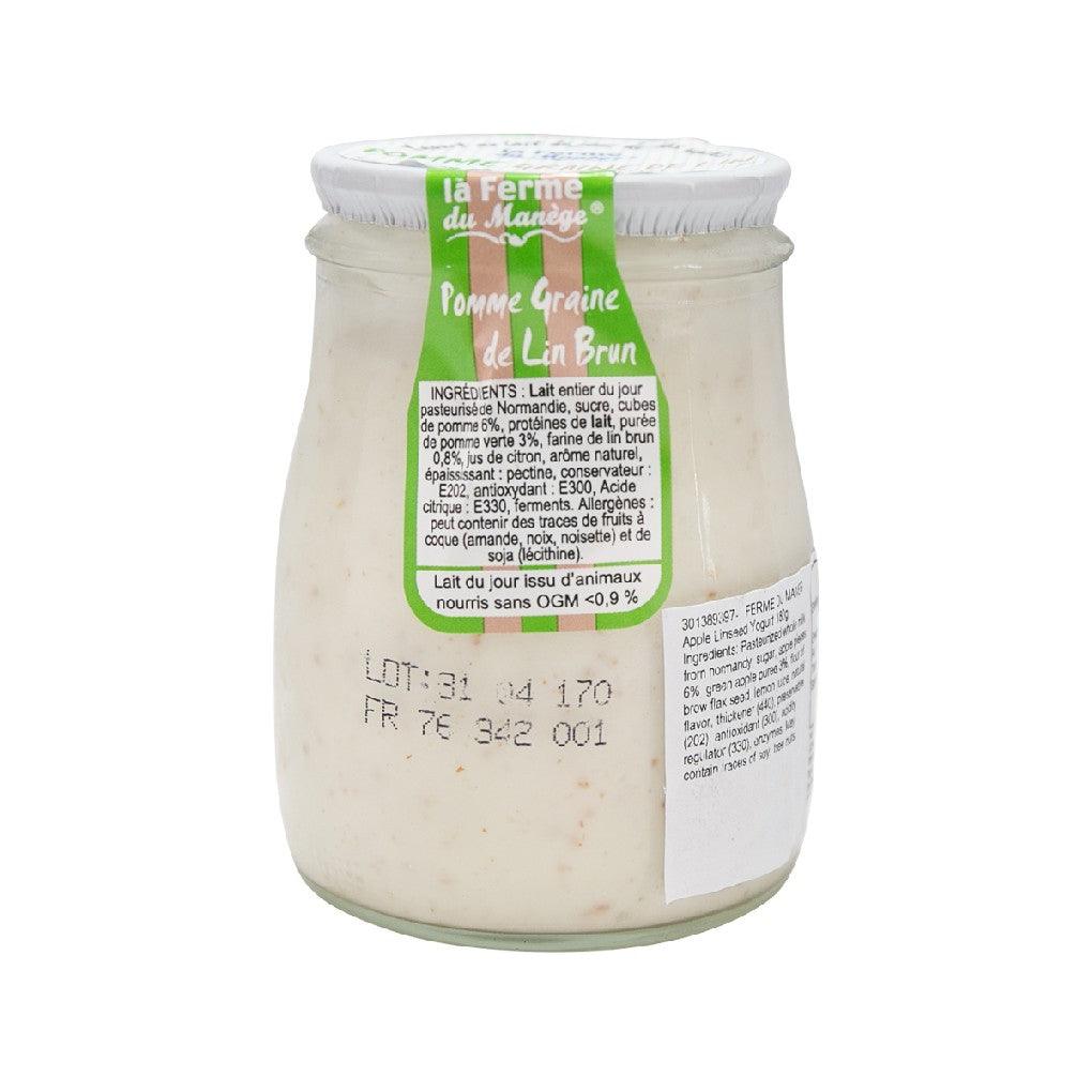 Whole milk yogurt jar with green apple and linseed flavor, white label