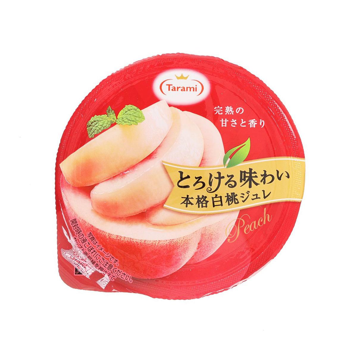 TARAMI melty jelly cup with white peach slices and mint leaf, red lid