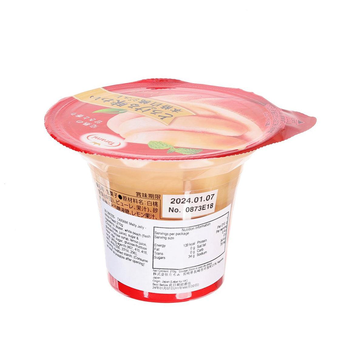 TARAMI white peach jelly cup, side label with date and nutrition info