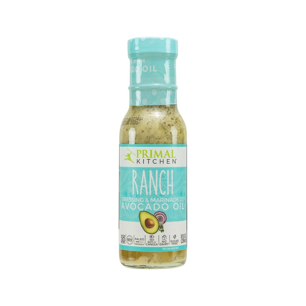 Avocado oil ranch dressing & marinade bottle with PRIMAL KITCHEN label and blue cap