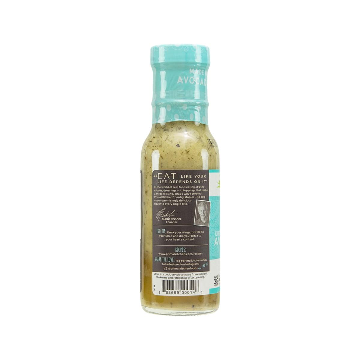 Avocado oil ranch dressing bottle with PRIMAL KITCHEN back label and blue cap