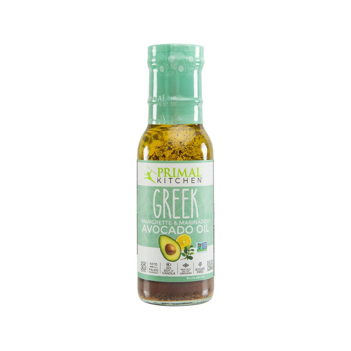 PRIMAL KITCHEN Greek dressing bottle with avocado oil, front label, green cap