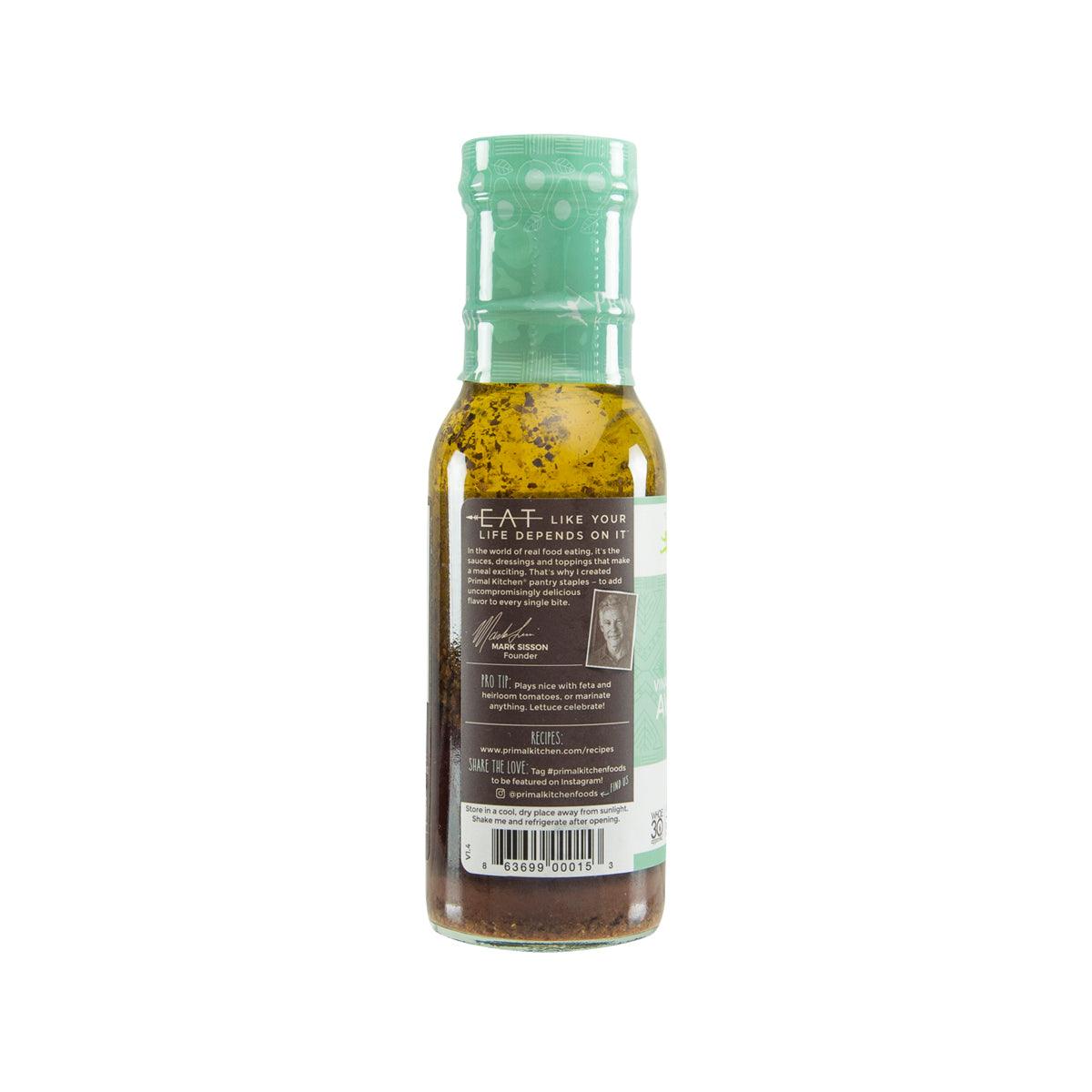PRIMAL KITCHEN Greek dressing bottle, back label text, green cap