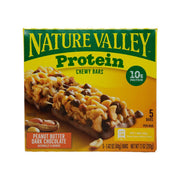 Nature Valley Protein Chewy Bars package, peanut butter & dark chocolate, 5 bars