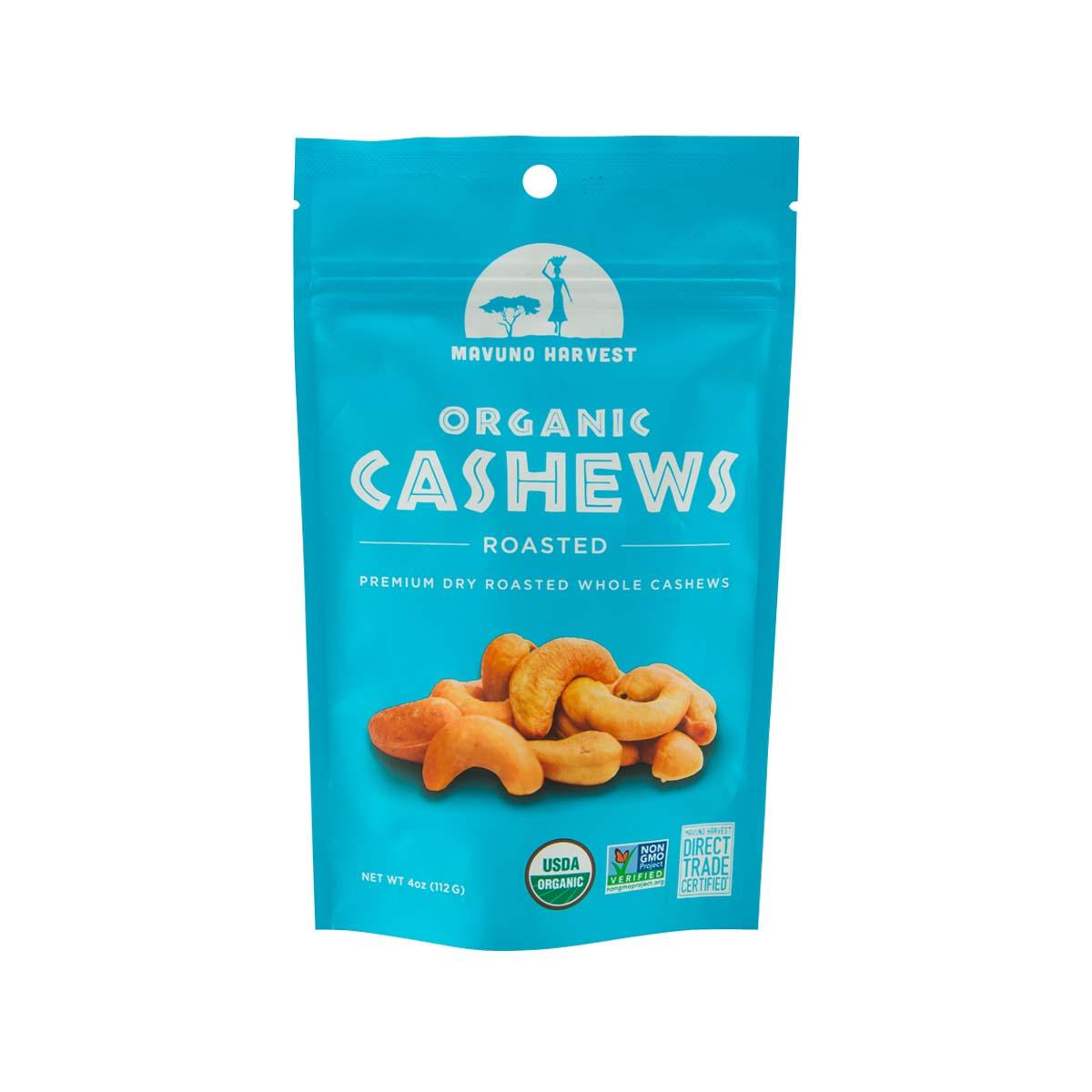 MAVUNO HARVEST organic roasted cashews bag, blue package with cashew illustrations