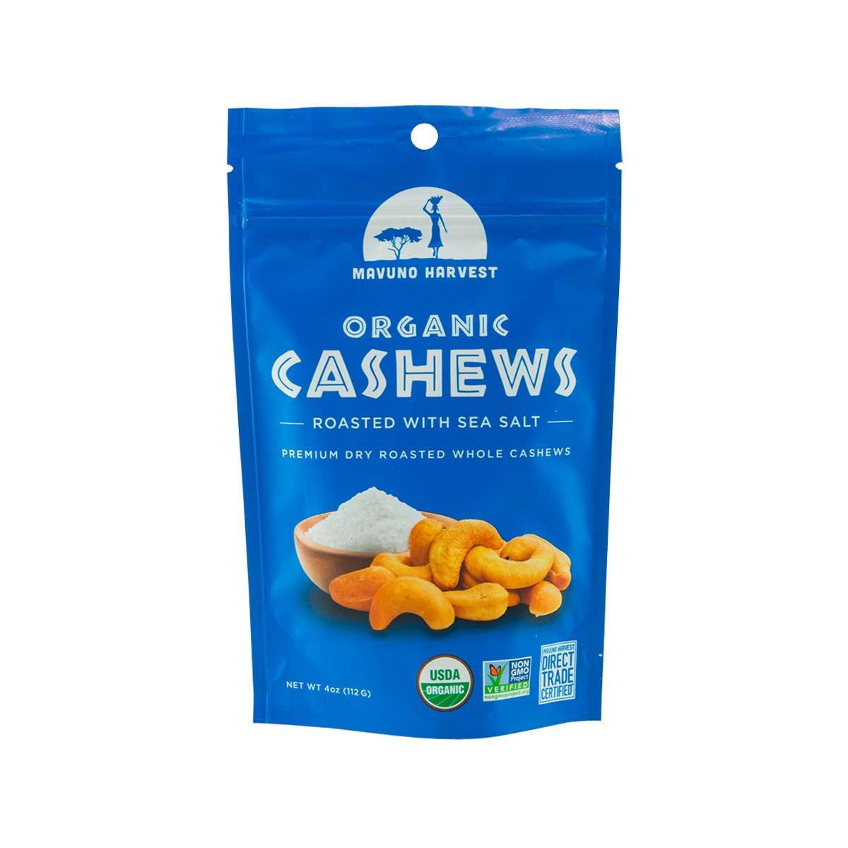 MAVUNO HARVEST organic roasted cashews sea salt in blue stand-up pouch