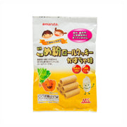 Pumpkin-flavored baby rice roll snack pouch, yellow packaging with cartoon roll illustration