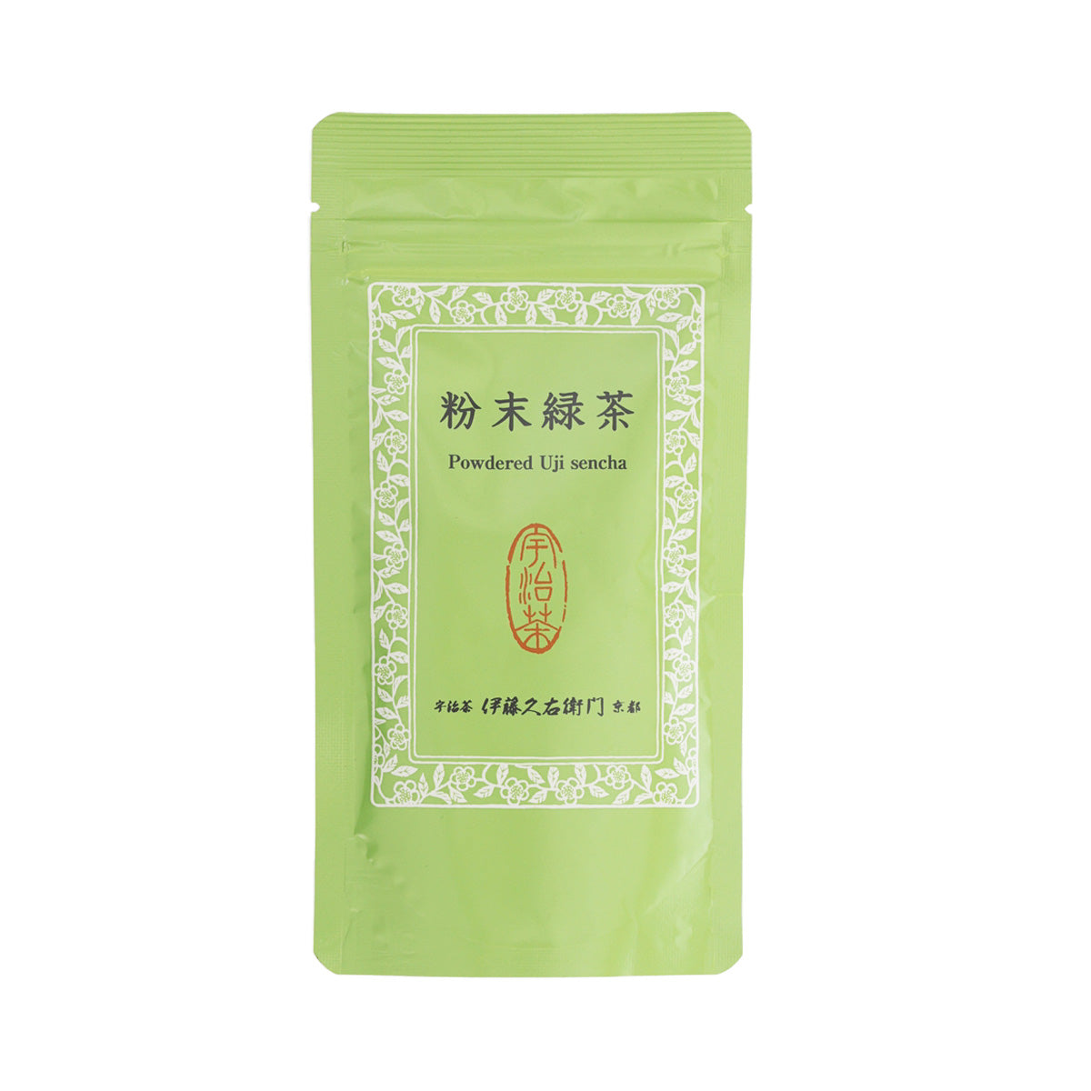 Green tea powder pouch, green stand-up bag with front label