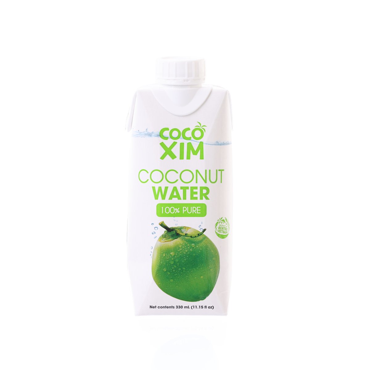 Coco XIM coconut water carton, 330 mL, white with green label and coconut graphic