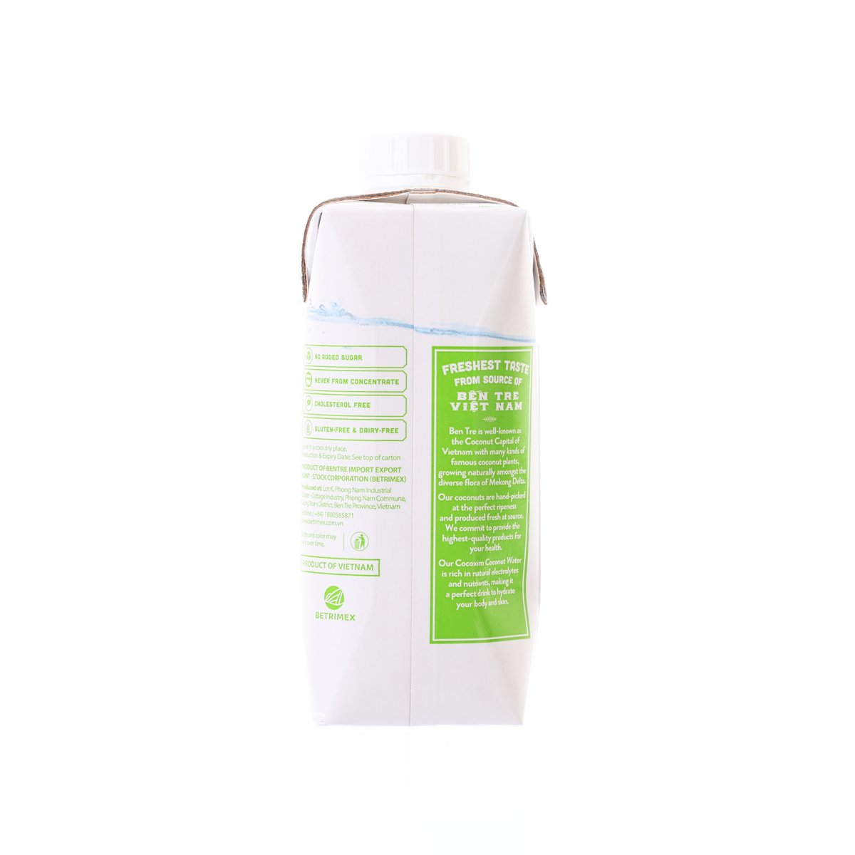Coco XIM coconut water carton back, white with green ingredient information panel