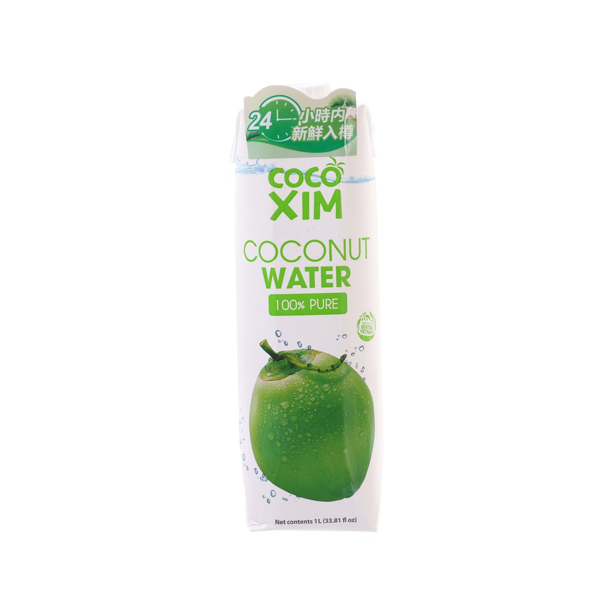 COCOXIM coconut water carton, 100% pure 1L, white with green coconut label.