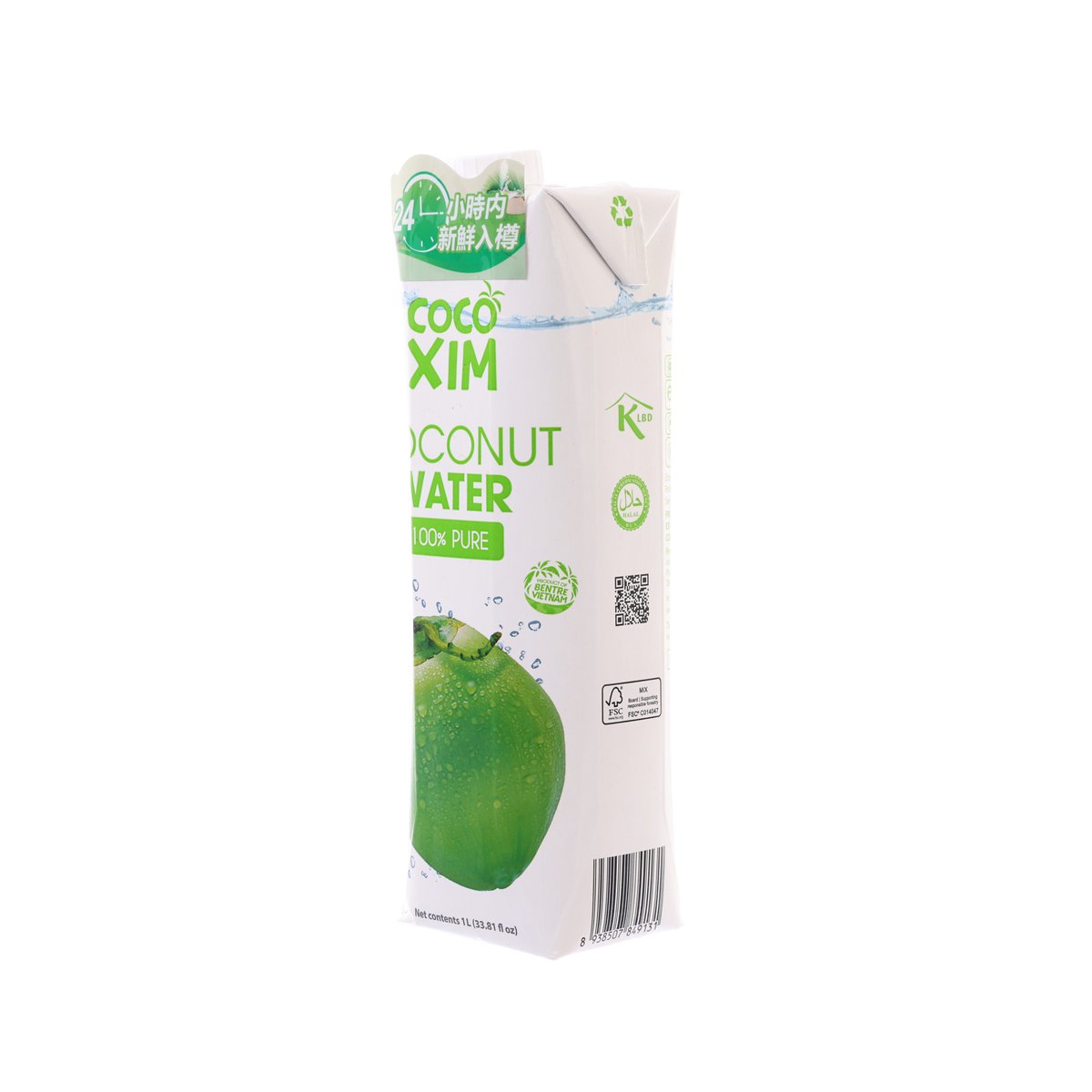COCOXIM coconut water carton, side panel with nutrition marks and barcode.