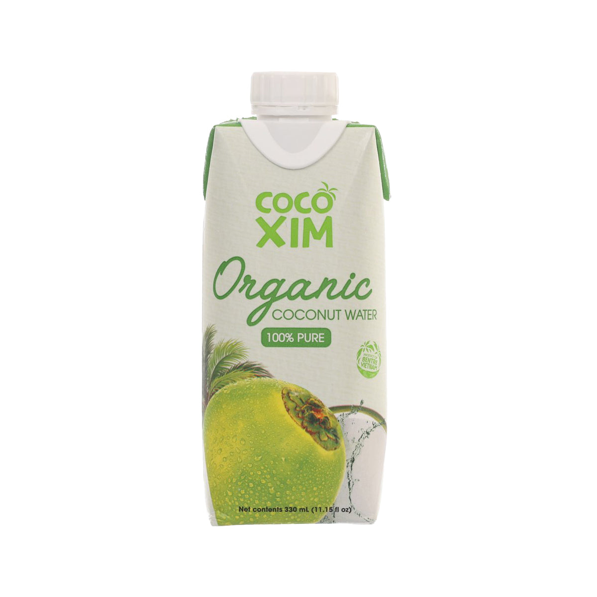 COCO XIM Organic coconut water carton, 330 mL, green and white front label