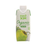 COCO XIM Organic coconut water carton, 330 mL, green and white front label