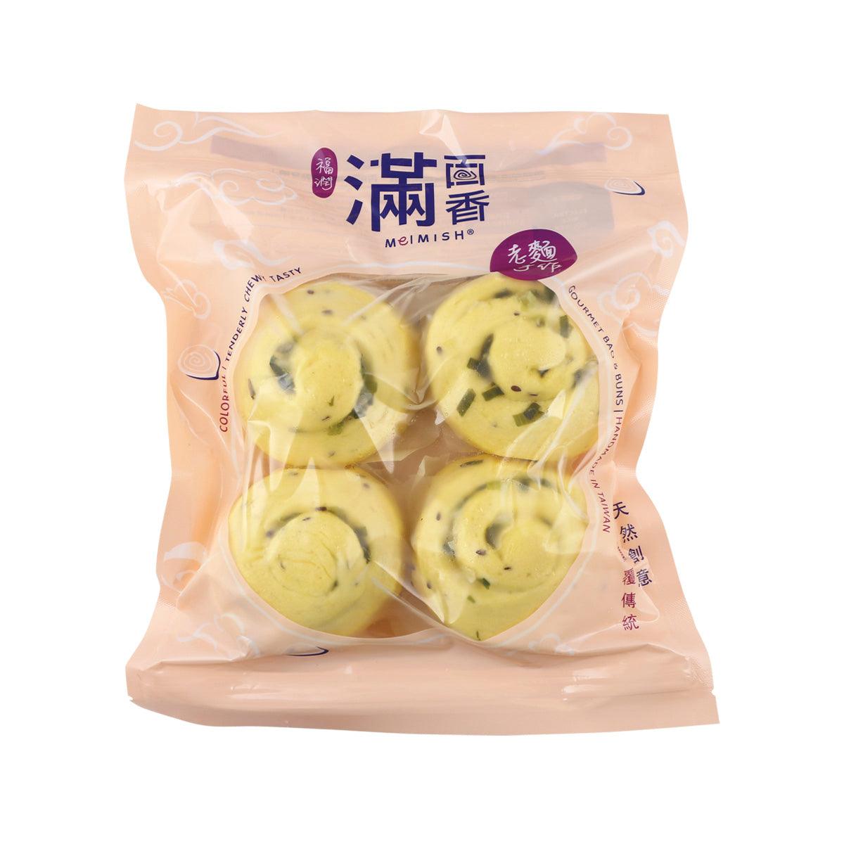 Green onion egg yolk buns, six round pastries in sealed package