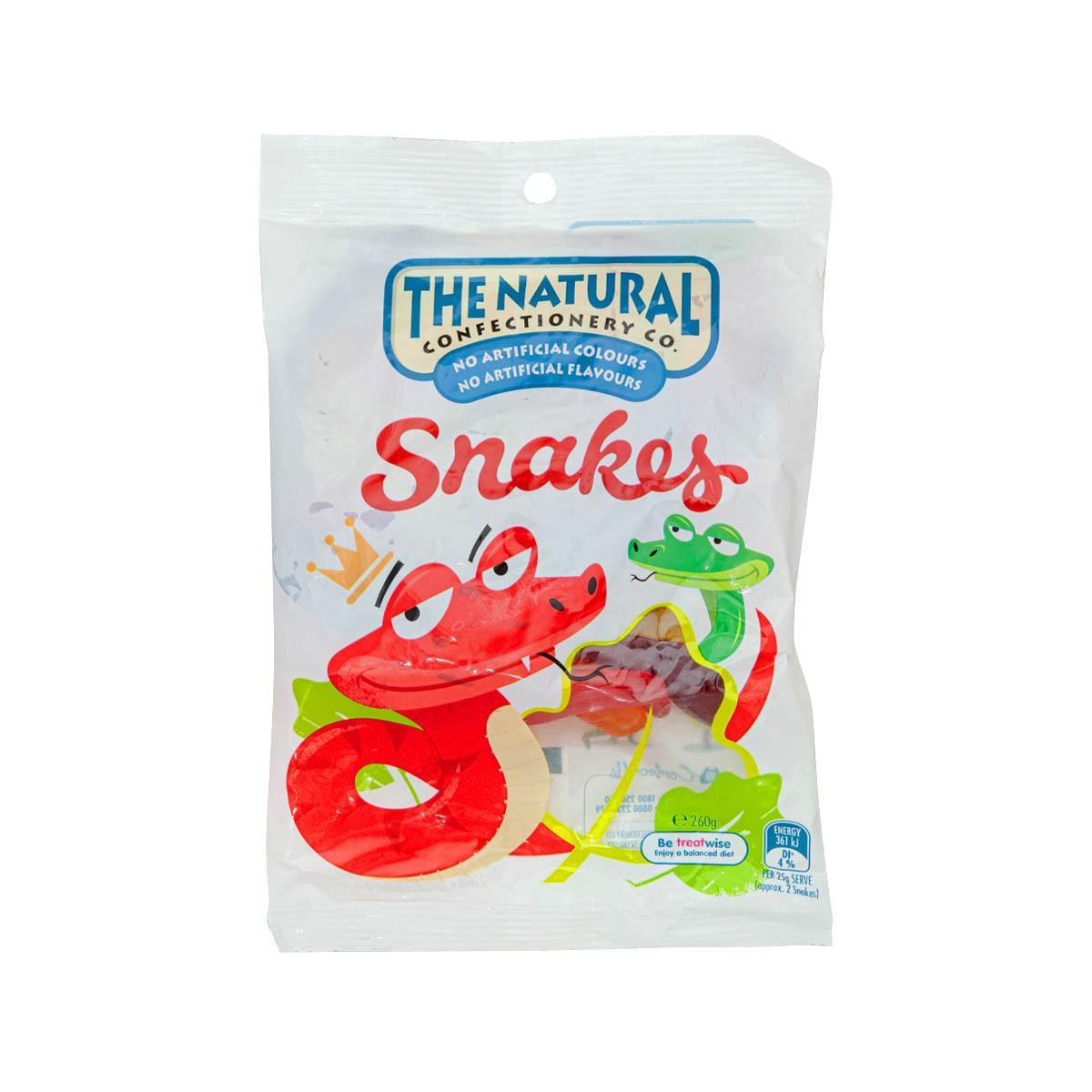 Jelly snakes confectionery in clear plastic pouch with colorful snake graphics