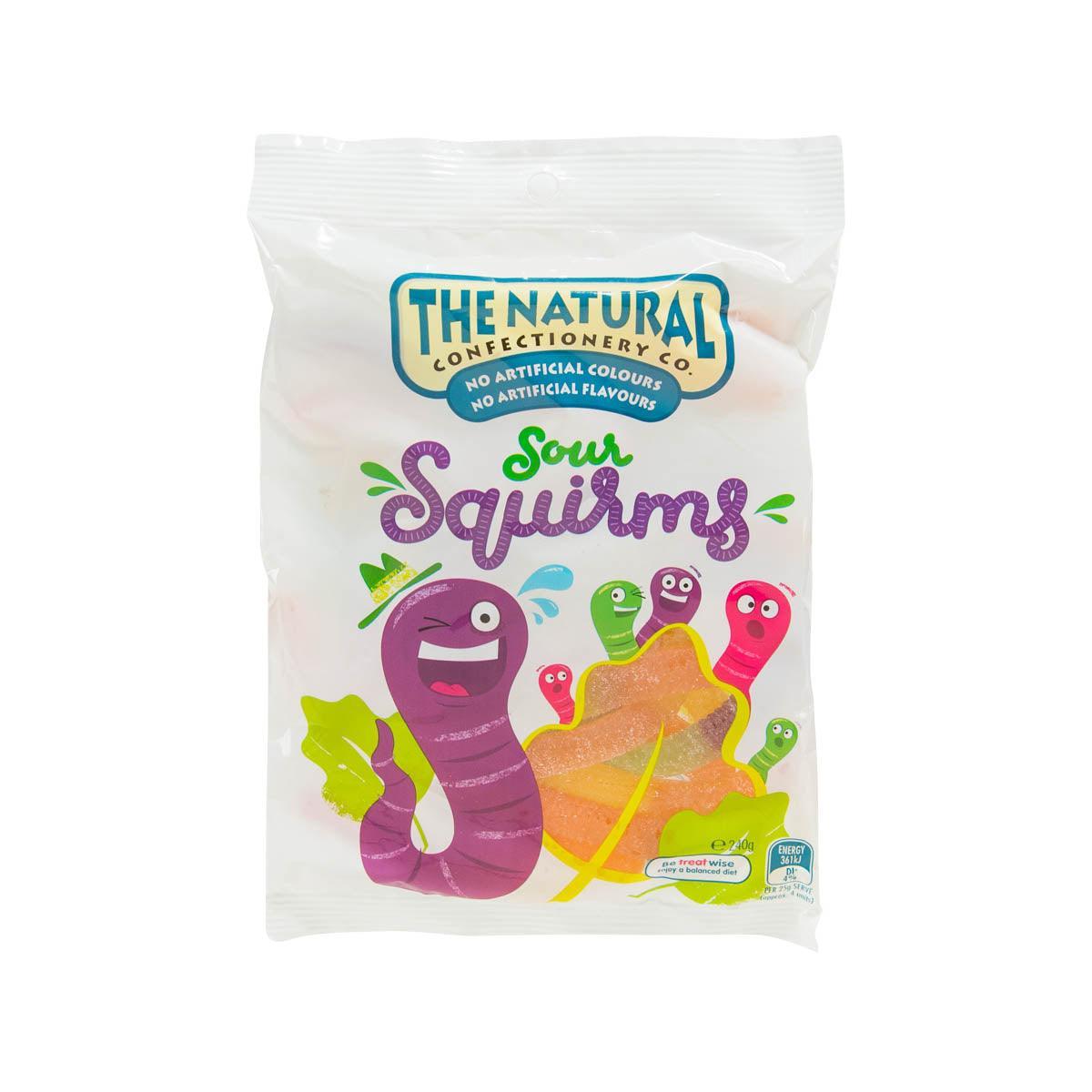 Sour jelly candy worms in sealed pouch, colorful worm shapes on front