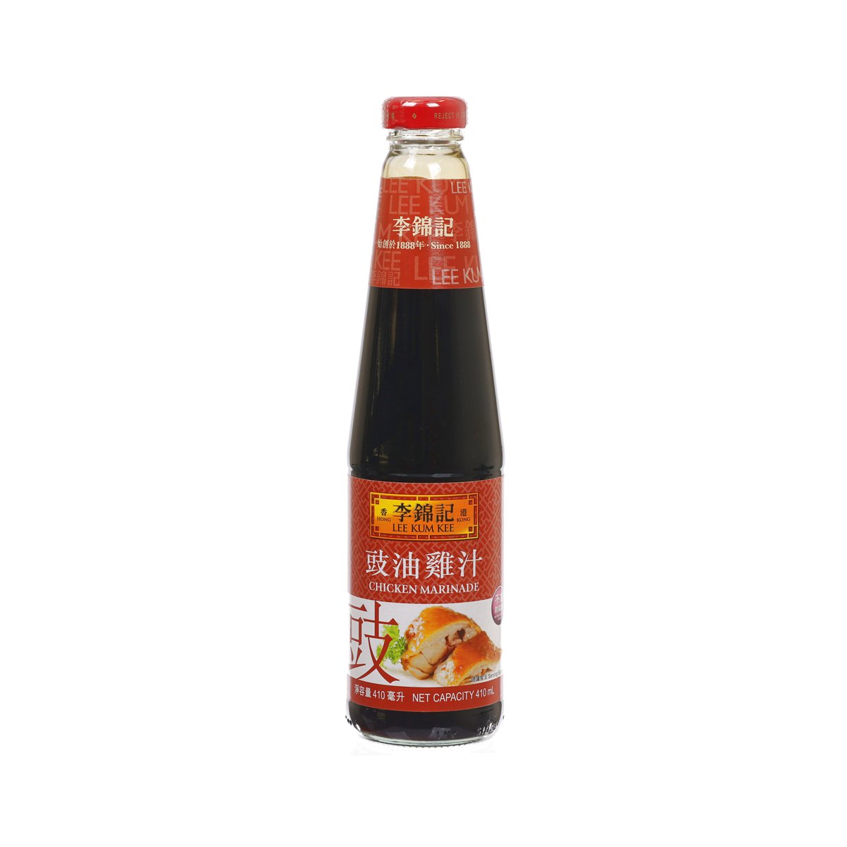 LEE KUM KEE chicken marinade bottle, dark sauce with red cap and label