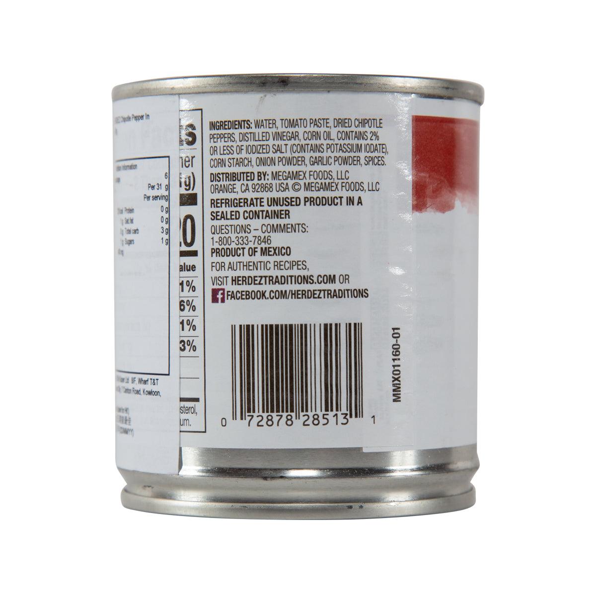 Chipotle peppers in adobo sauce can back with ingredients and barcode label