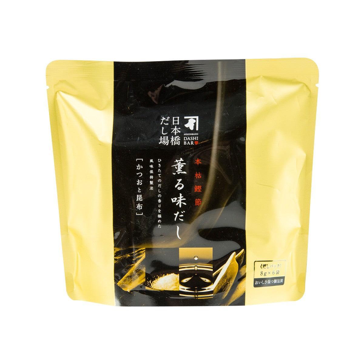 Bonito fish and kelp soup stock pouch, yellow stand-up package with black front