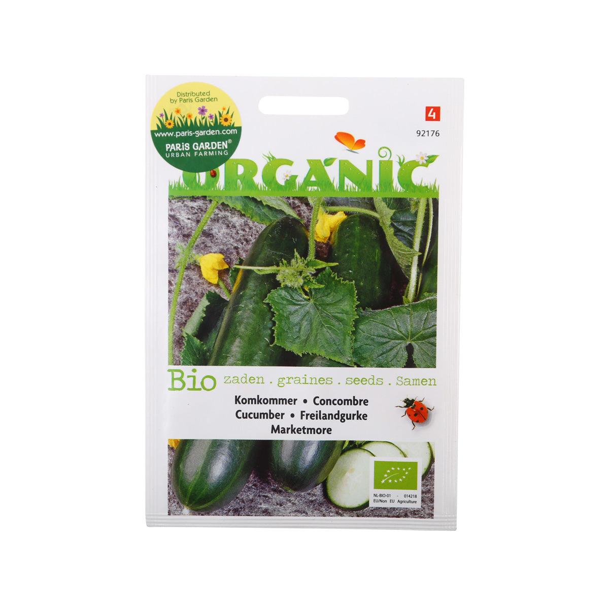 Organic cucumber seed packet with photo of dark green cucumbers and green label