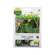 Organic cucumber seed packet with photo of dark green cucumbers and green label