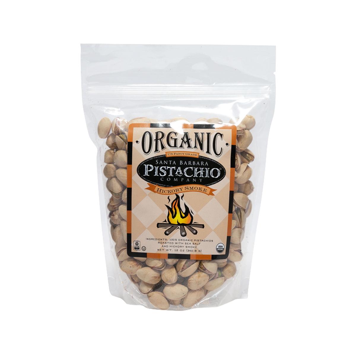 Organic pistachios bag with hickory smoke label