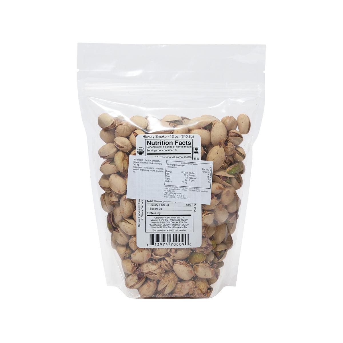 Organic pistachios bag showing Nutrition Facts and ingredient panel