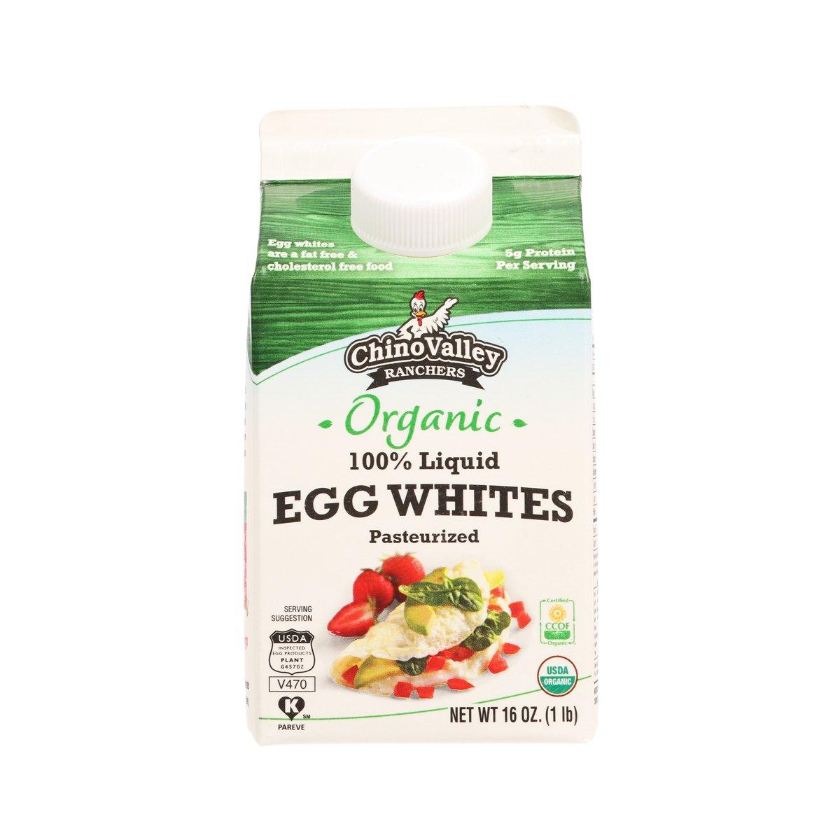 Organic liquid egg whites carton, pasteurized 16 oz with green-and-white front label