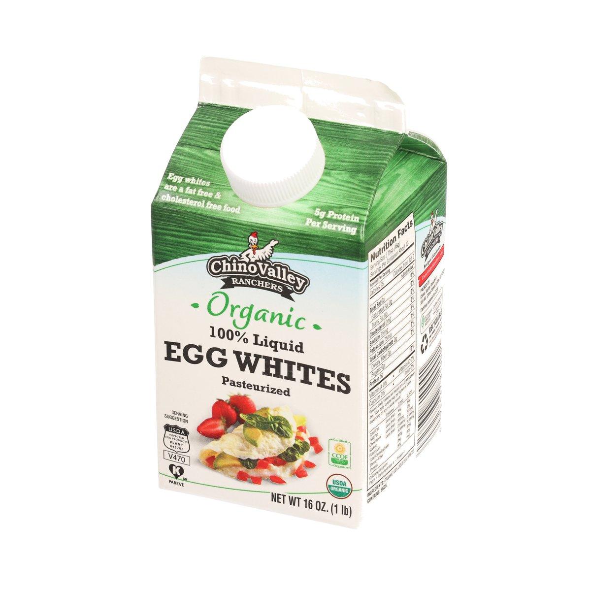 Organic liquid egg whites package with screw cap; green-and-white side view