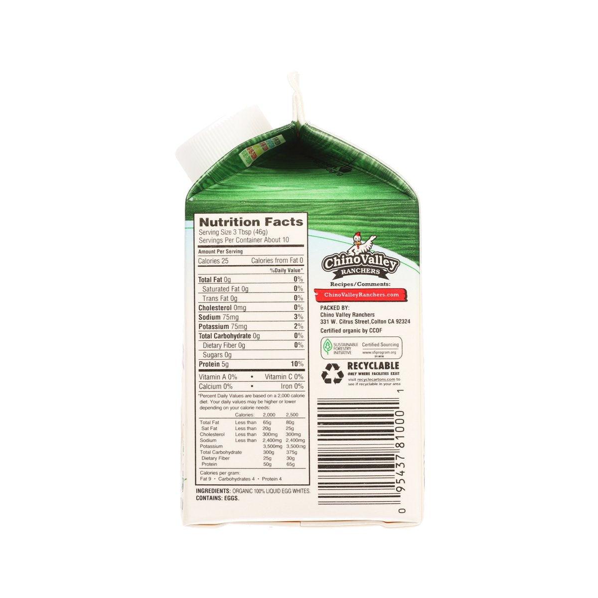 Organic liquid egg whites package back with Nutrition Facts panel