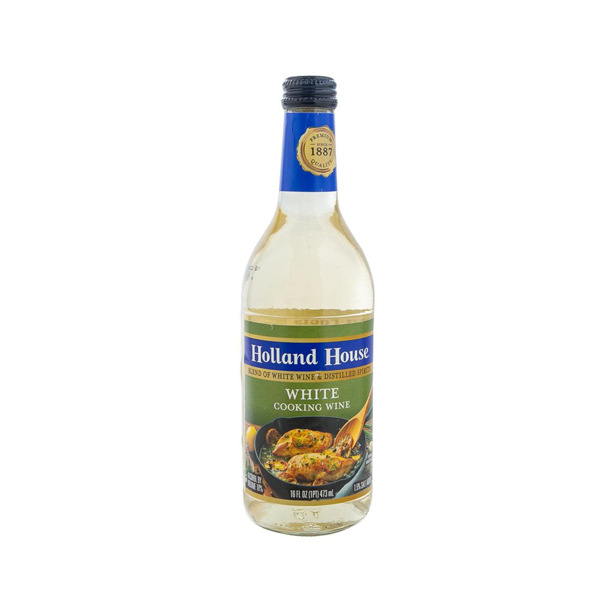 Holland House white cooking wine bottle, 473 mL glass bottle with blue cap