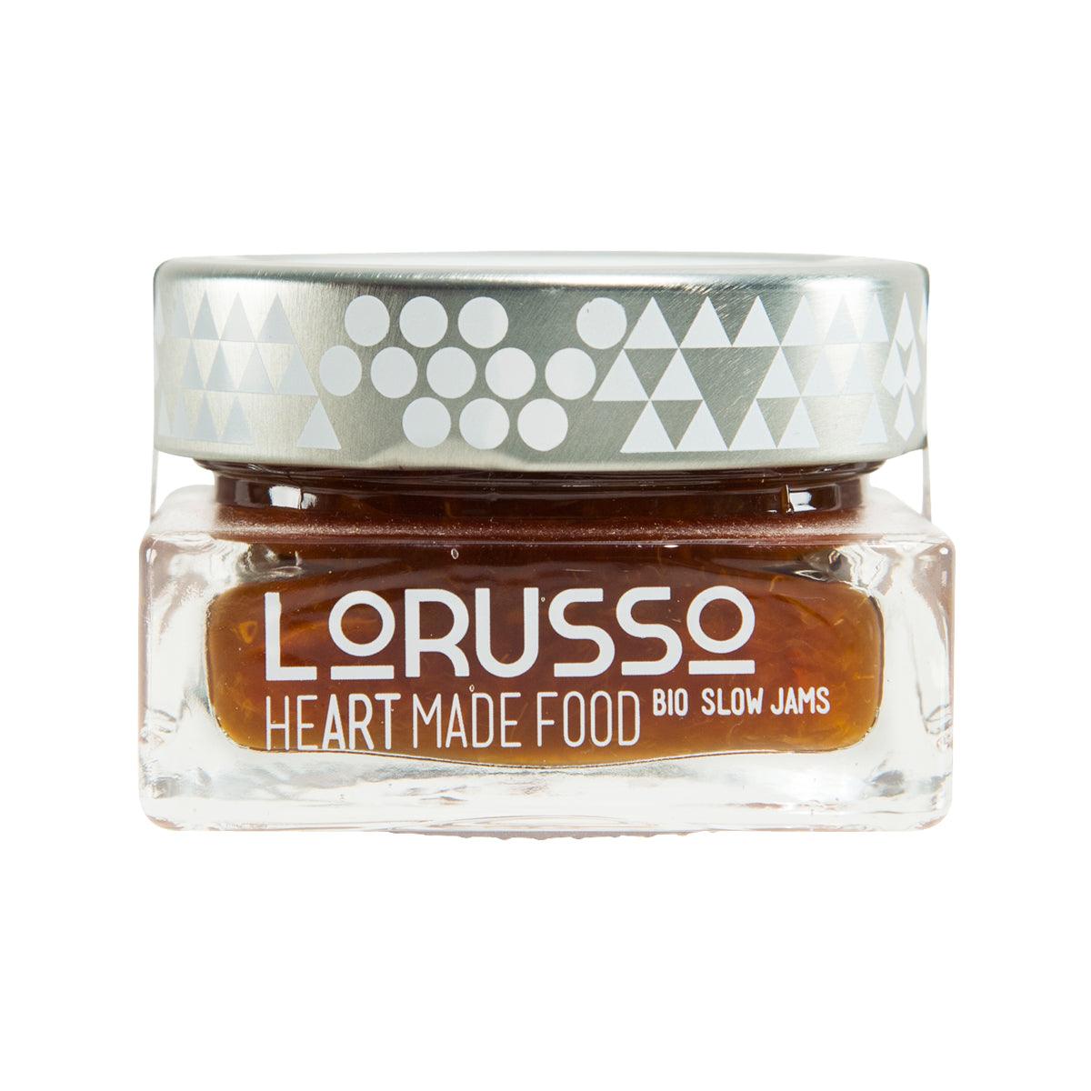 Glass jar with dark amber slow bitter orange jam, LORUSSO Heart Made Food label