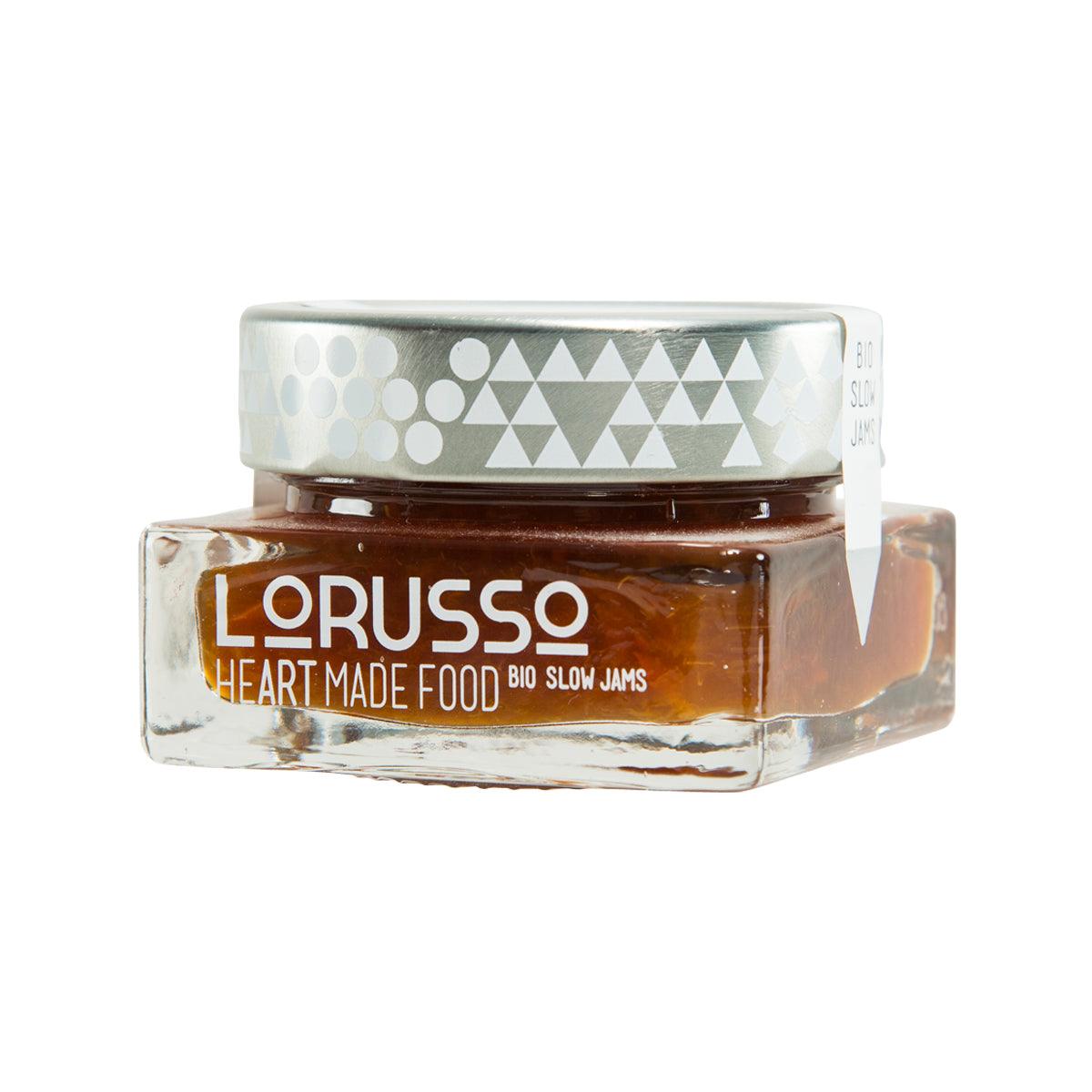Glass jar with dark amber jam, LORUSSO Heart Made Food bio slow jams label