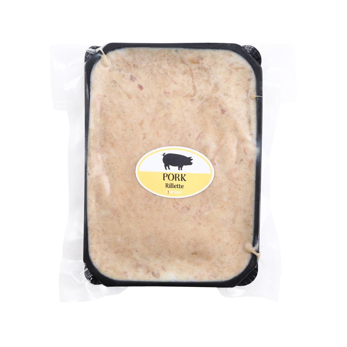 Pasteurized pork rillette in rectangular tub with oval Pork Rillette label