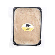 Pasteurized pork rillette in rectangular tub with oval Pork Rillette label