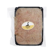 Pasteurized goose meat rillette in a sealed rectangular tray, visible mottled pale pink filling