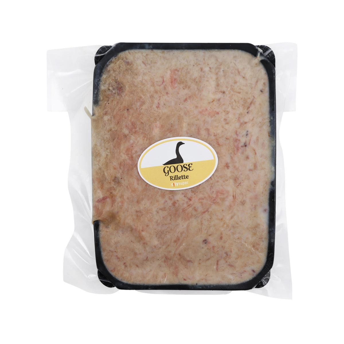 Pasteurized goose meat rillette in a sealed rectangular tray, visible mottled pale pink filling